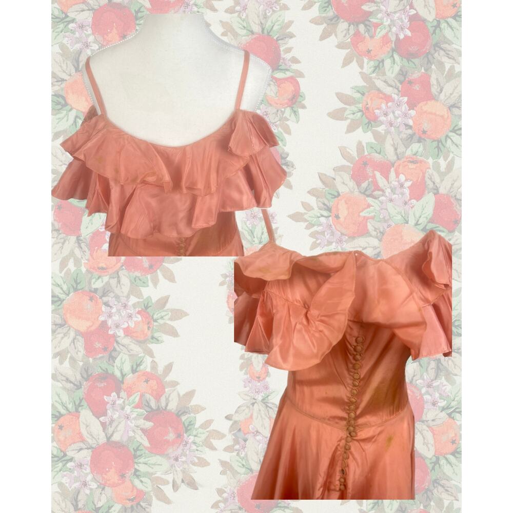 Vintage 1930s Wounded Bird Peach Ruffled Off Shoulder Gown Size S - Picture 3 of 8